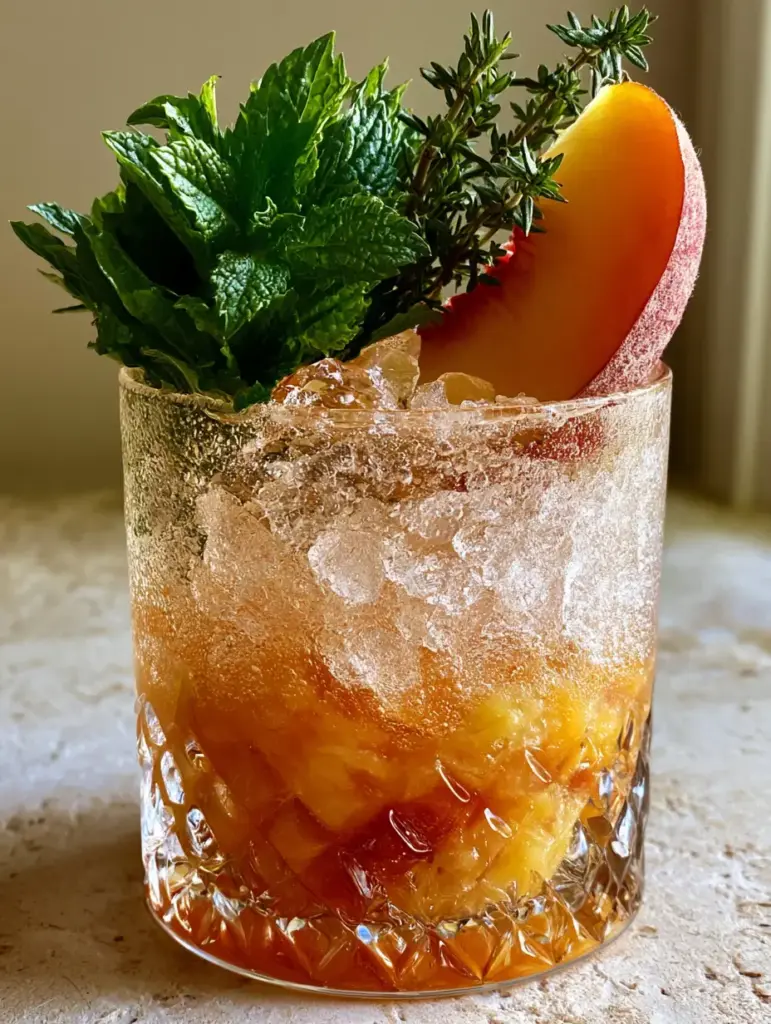 Handheld shot of a Georgia Peach cocktail showing heavy condensation and a fresh peach garnish with fuzzy skin.