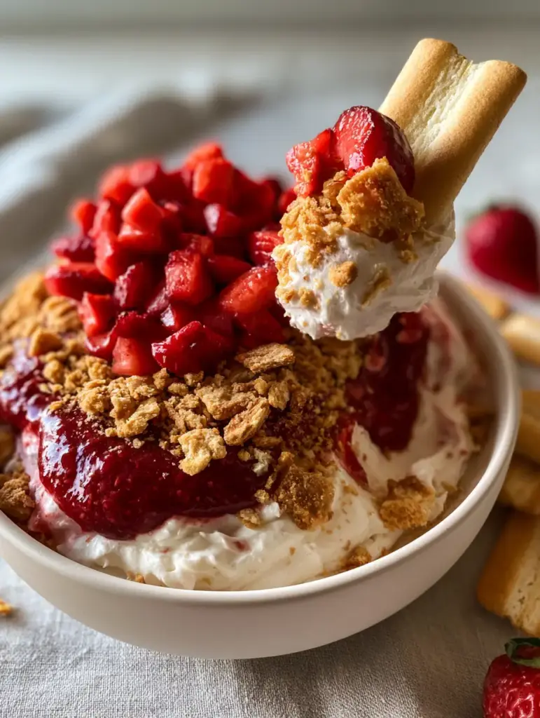 Strawberry Shortcake Dip: The Ultimate Creamy 15-Minute No-Bake Dessert 1 A wide shot of the Strawberry Shortcake Dip bowl sitting on a light-gray linen surface with whole strawberries and golden vanilla wafers scattered artfully around.