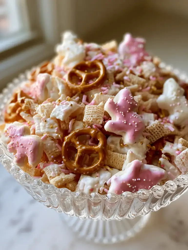 Detailed shot of glistening white chocolate coated cereal and pink sprinkles in an Animal Cookie Snack Mix.