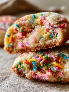 Close-up of a broken funfetti cookie showing a doughy center and un-melted rainbow sprinkles. (funfetti cookies)