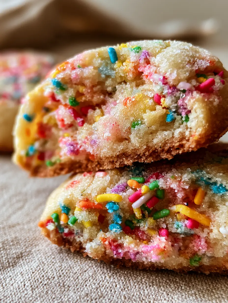 Funfetti Cookies: The Ultimate Thick and Pillowy Bakery-Style Recipe 3 Close-up of a broken funfetti cookie showing a doughy center and un-melted rainbow sprinkles. (funfetti cookies)