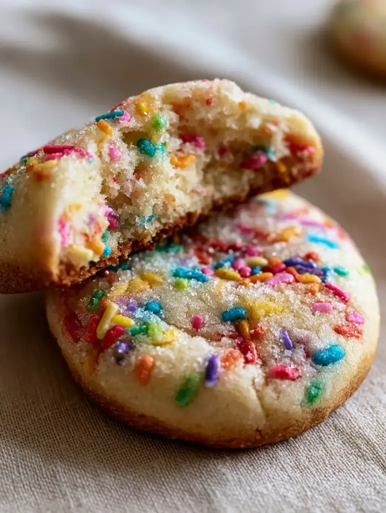 Funfetti Cookies: The Ultimate Thick and Pillowy Bakery-Style Recipe 1 Handheld photo of a funfetti cookie with golden-brown edges and sparkling sugar crystals. (funfetti cookies)