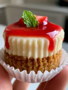 Macro photo of a mini cheesecake held in a hand, showing the thick graham cracker crust and velvety ivory filling. (mini cheesecake recipes)