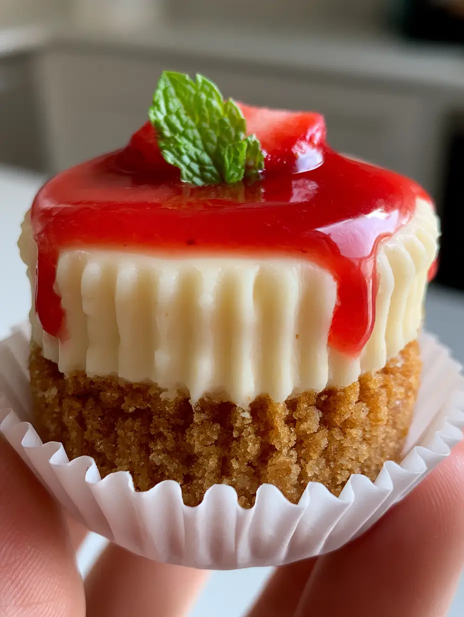 Mini Cheesecake Recipes with Luscious Strawberry Coulis 3 Macro photo of a mini cheesecake held in a hand, showing the thick graham cracker crust and velvety ivory filling. (mini cheesecake recipes)
