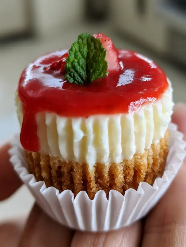 Mini Cheesecake Recipes with Luscious Strawberry Coulis 1 Top view of mini cheesecakes with glossy red strawberry glaze and a mint leaf garnish.