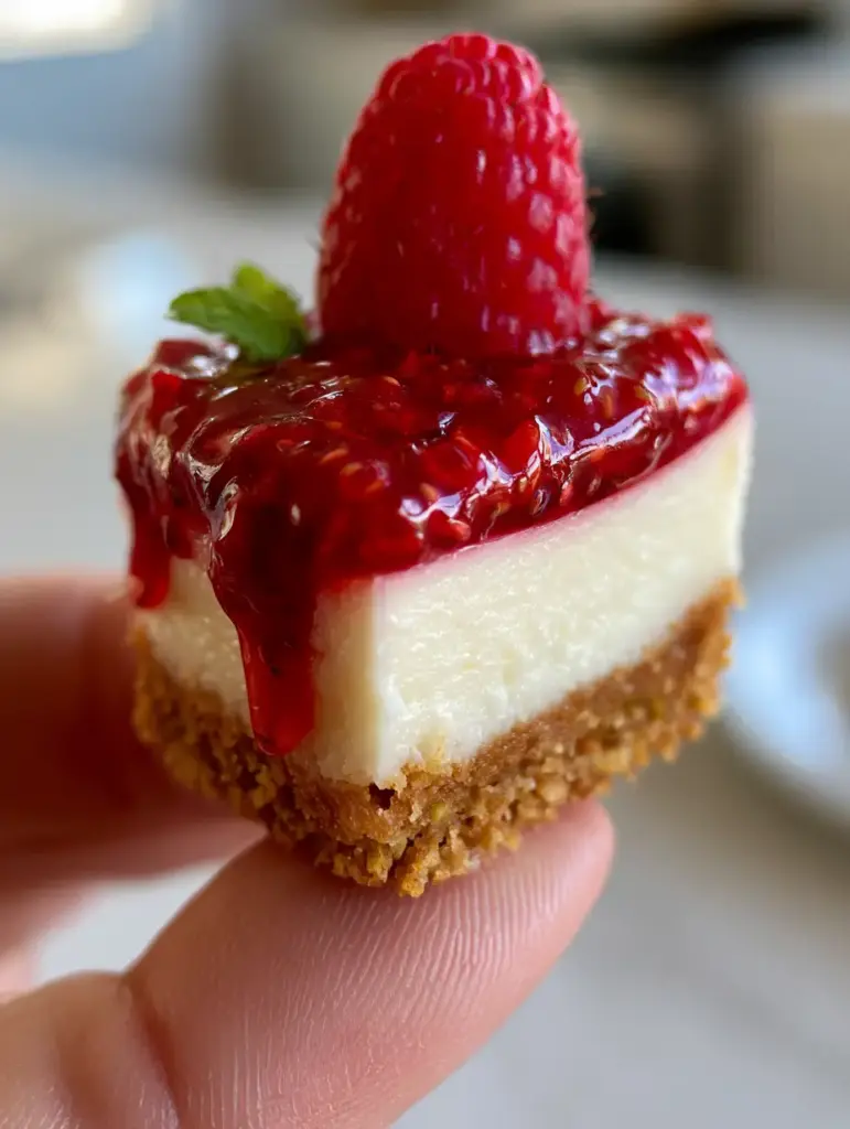 Mini Cheesecake Recipe: The Ultimate Guide to Smooth Ivory Bites with Strawberry Glaze 1 Authentic handheld photo of a mini cheesecake recipe with a dripping strawberry glaze and fresh mint leaf.