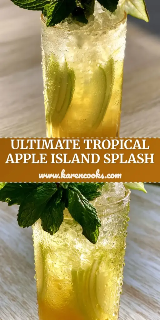 A tall, sweating crystalline highball glass filled with a layered Apple Island Splash mocktail on a sunny wood patio.