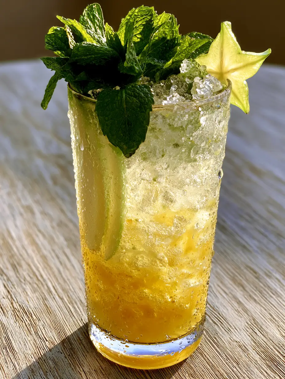 A handheld smartphone photo showing the golden pineapple nectar and bubbly lime layers of the Apple Island Splash.