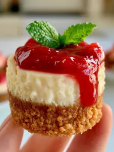 A first-person smartphone photo of a single perfect mini cheesecake held gently, featuring a cascading strawberry sauce. (Mini Cheesecake Recipes)