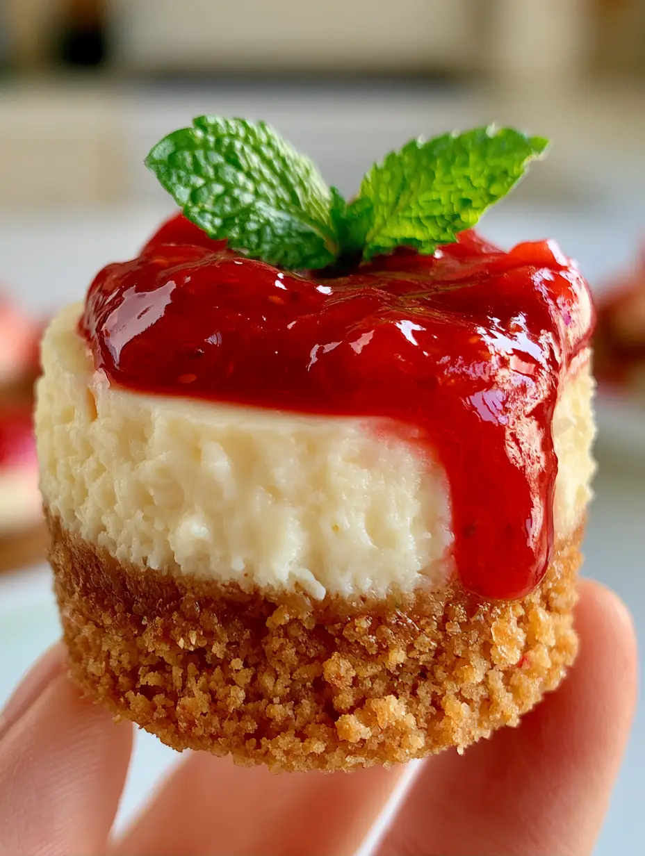 Mini Cheesecake Recipes: The Ultimate Guide to Perfect Individual Strawberry Delights 3 A first-person smartphone photo of a single perfect mini cheesecake held gently, featuring a cascading strawberry sauce. (Mini Cheesecake Recipes)