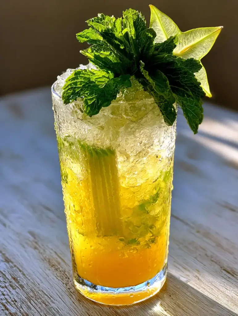Close up of the vertical apple carpaccio and starfruit garnish on the Apple Island Splash.