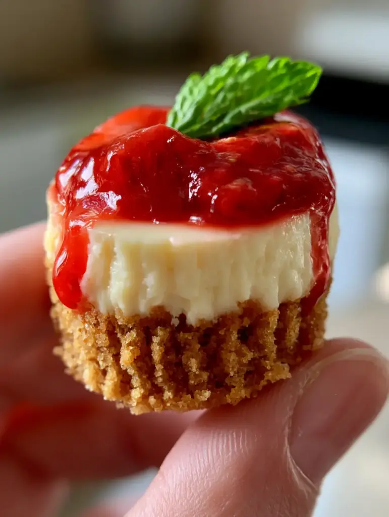 Mini Cheesecake Recipes: The Ultimate Guide to Perfect Individual Strawberry Delights 1 Close up of mini cheesecake with vibrant red strawberry topping and fresh mint leaf garnish. (Mini Cheesecake Recipes)