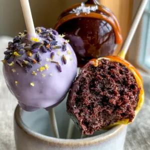 Macro handheld photo of Lavender Lemon and Salted Caramel Mocha cake pop flavors in natural daylight.