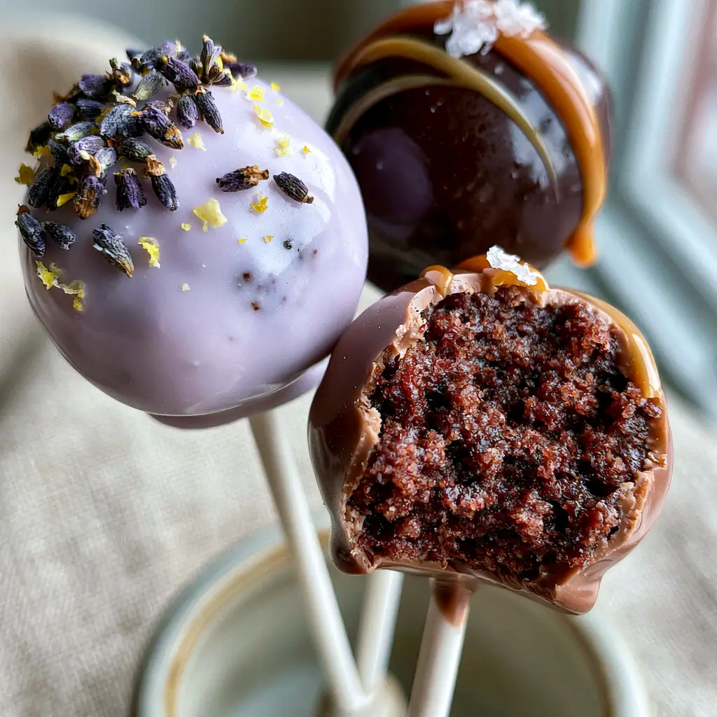 Cake Pop Flavors: The Ultimate Gourmet Lavender Lemon and Salted Caramel Mocha Guide 1 A bitten-into gourmet cake pop revealing a dense, moist chocolate cake interior.