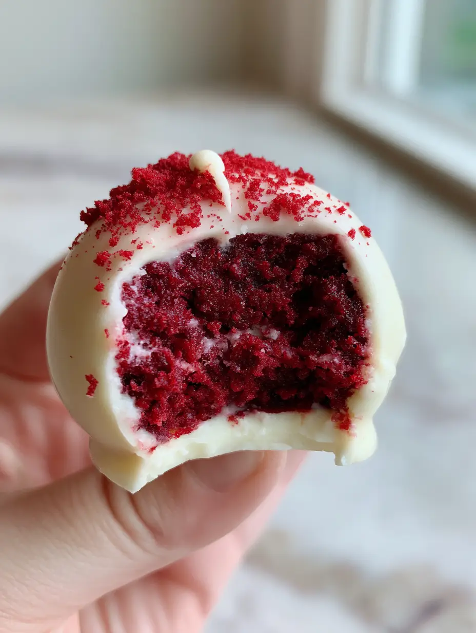 Smartphone photo of a half-bitten Red Velvet Cake Pop held against a marble countertop. (Red Velvet Cake Pops)
