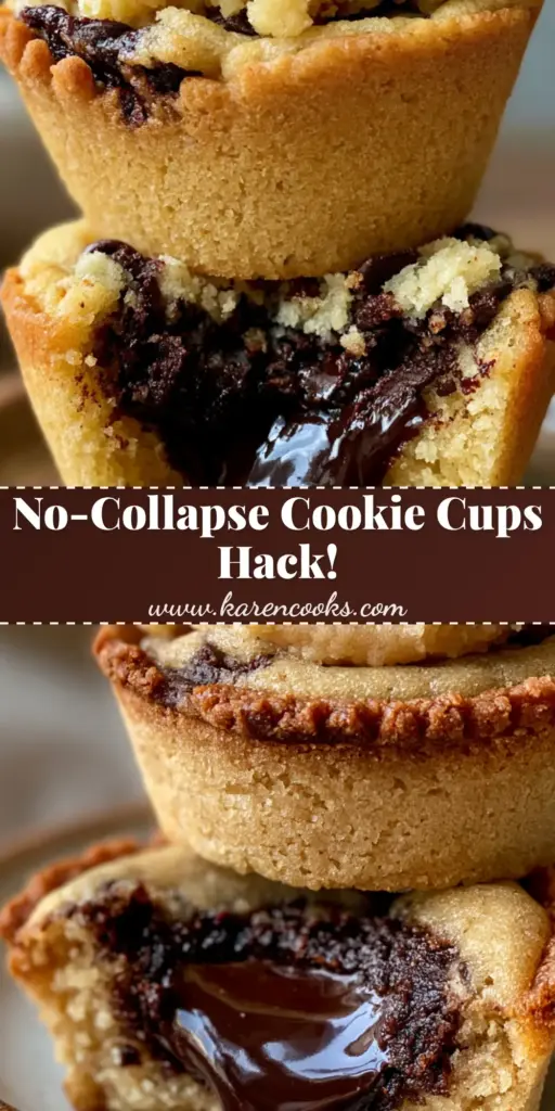 A stack of golden-brown Chocolate Chip Cookie Cups featuring an oozing dark chocolate fudge center and creamy edible dough topping.