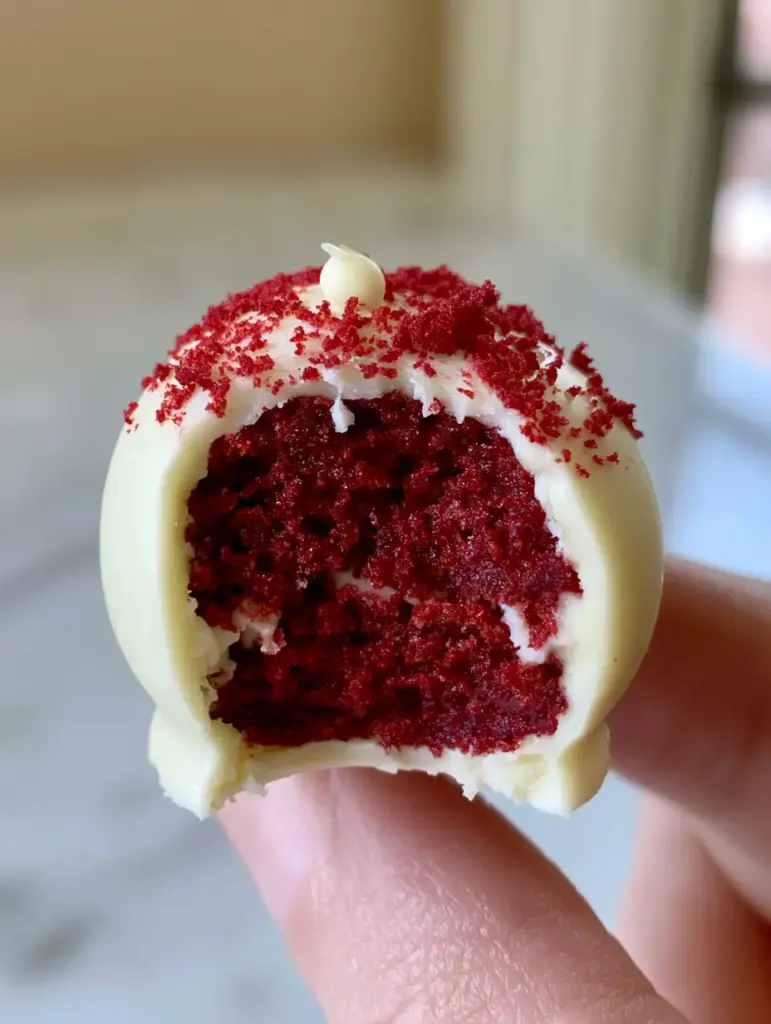 Close up of a glossy Red Velvet Cake Pop with a fine red velvet dust garnish. (Red Velvet Cake Pops)