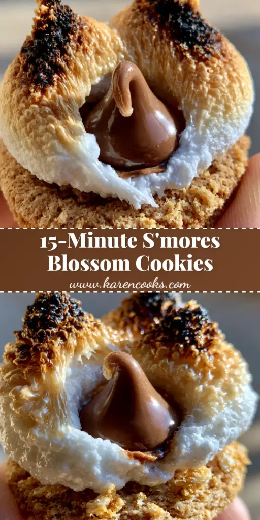 A close-up vertical shot of s'mores blossom cookies stacked on a plate, showing the gooey toasted marshmallow and chocolate kiss center.