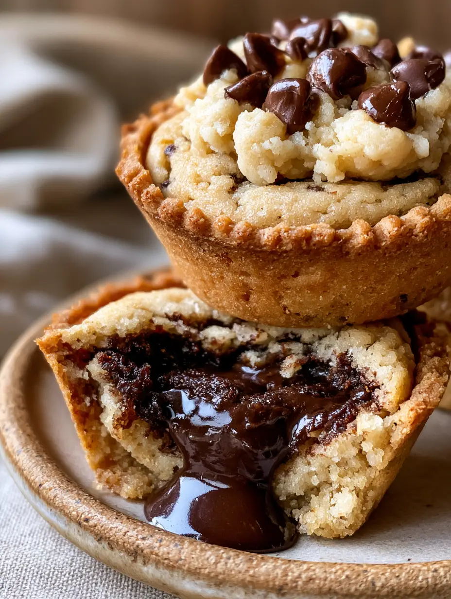 Close-up of stacked Chocolate Chip Cookie Cups on a rustic plate, one cut open to show warm dark chocolate fudge.