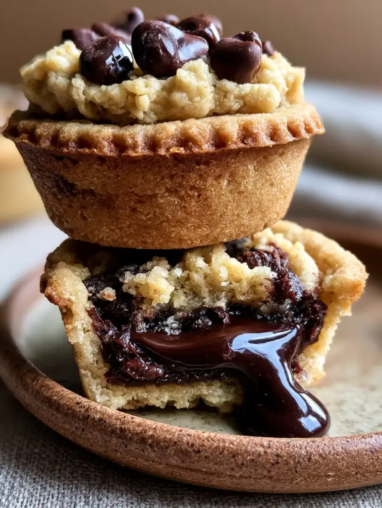 A top-down view of Chocolate Chip Cookie Cups crowned with glistening semi-sweet chocolate chips.