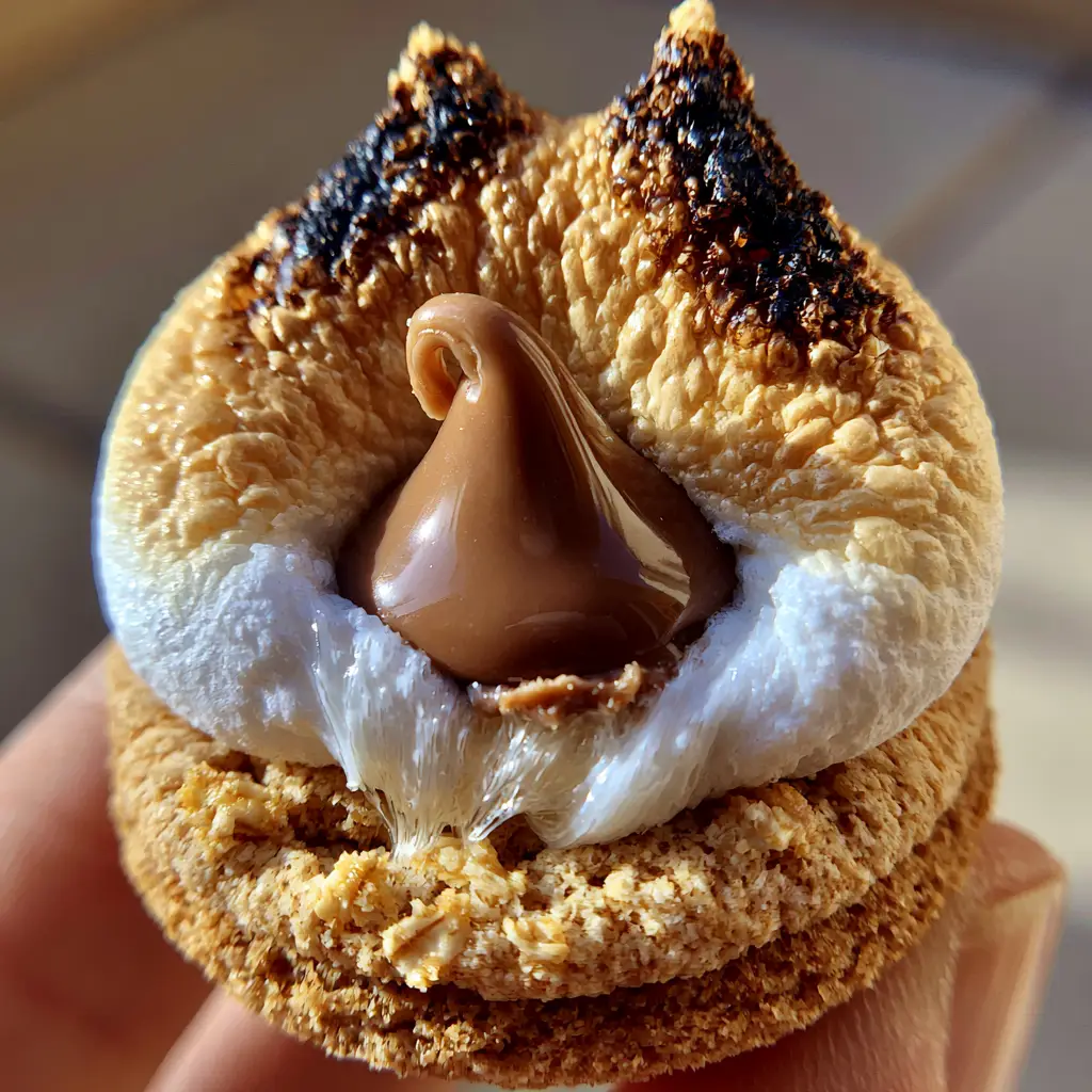 S'mores blossom cookies on a baking sheet with sunlight hitting the toasted marshmallow peaks and graham cracker base.