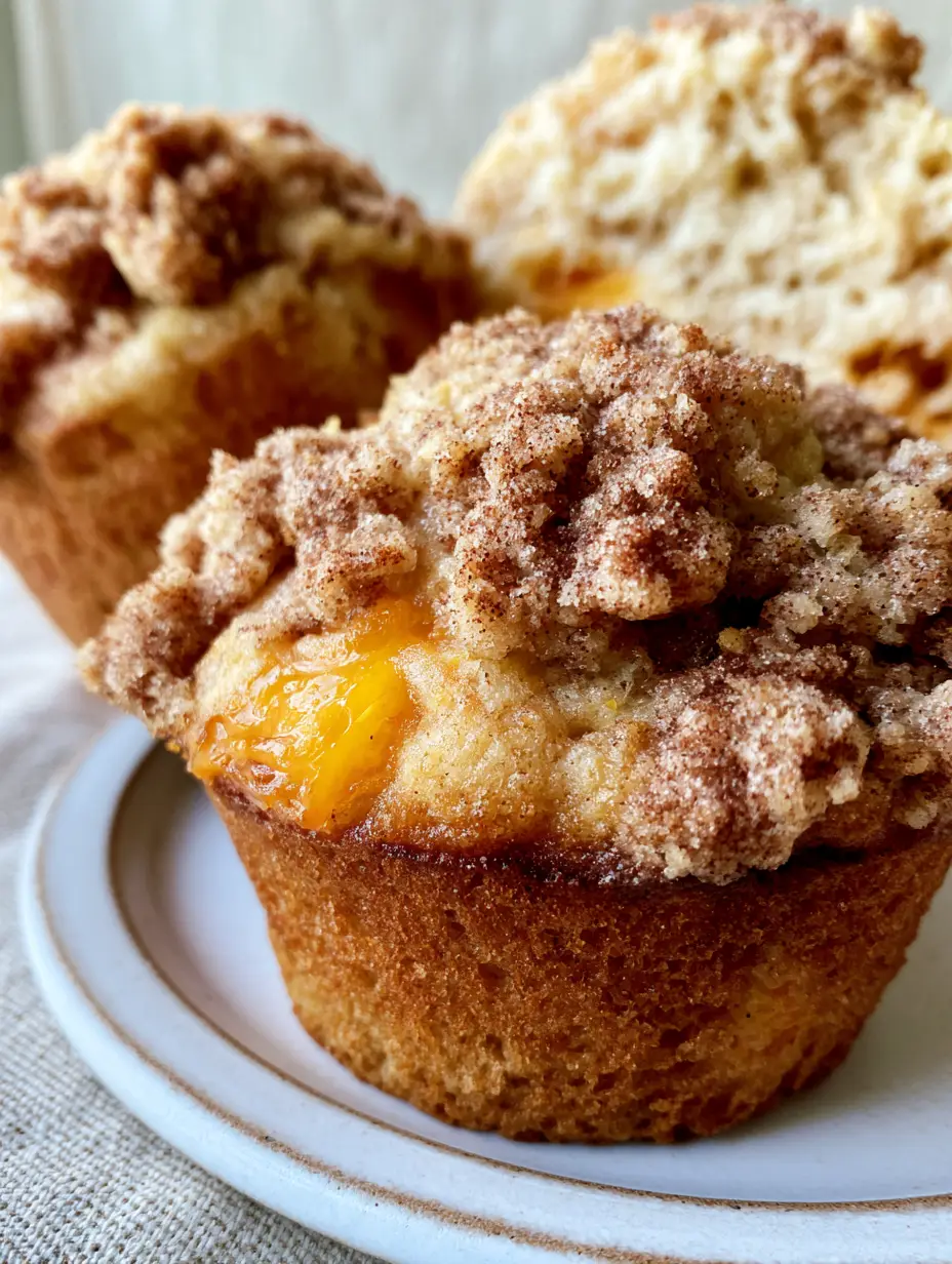 Close-up eye-level shot of a golden-brown peach cobbler muffin showing textured streusel and warm fruit pockets. (peach cobbler muffins)