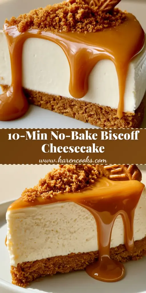 A close-up of a perfect slice of No Bake Biscoff Cheesecake with a glossy amber glaze dripping down the side on a white plate.