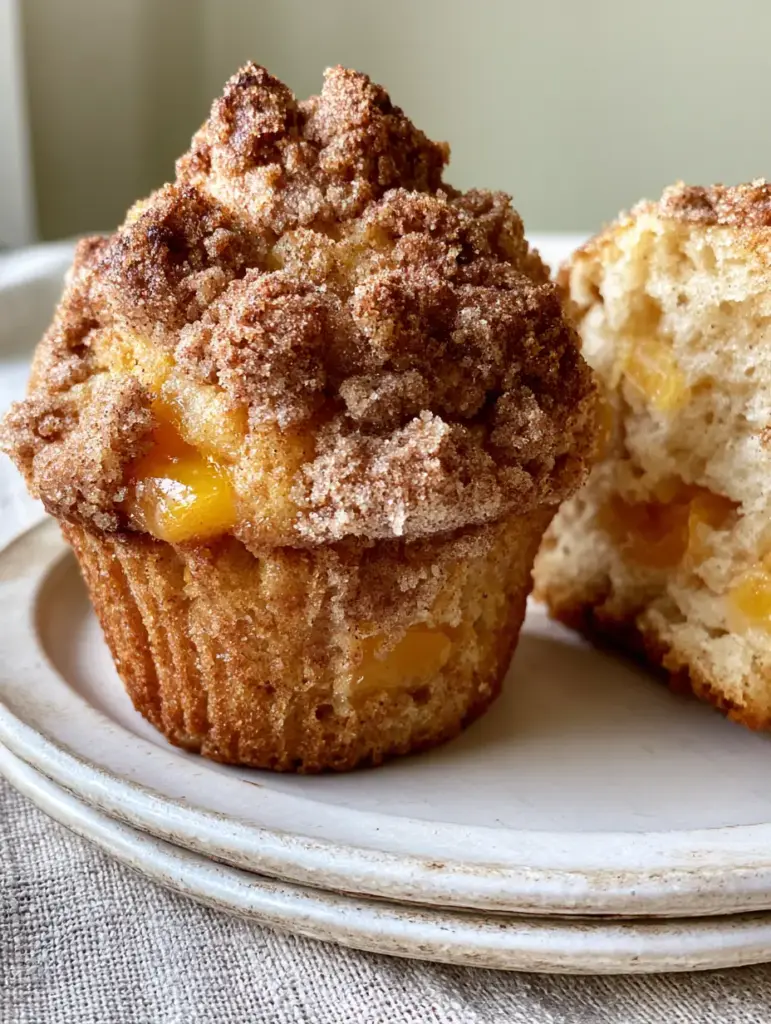 A peach cobbler muffin split open revealing a steaming, fluffy interior crumb and soft pockets of orange peaches.