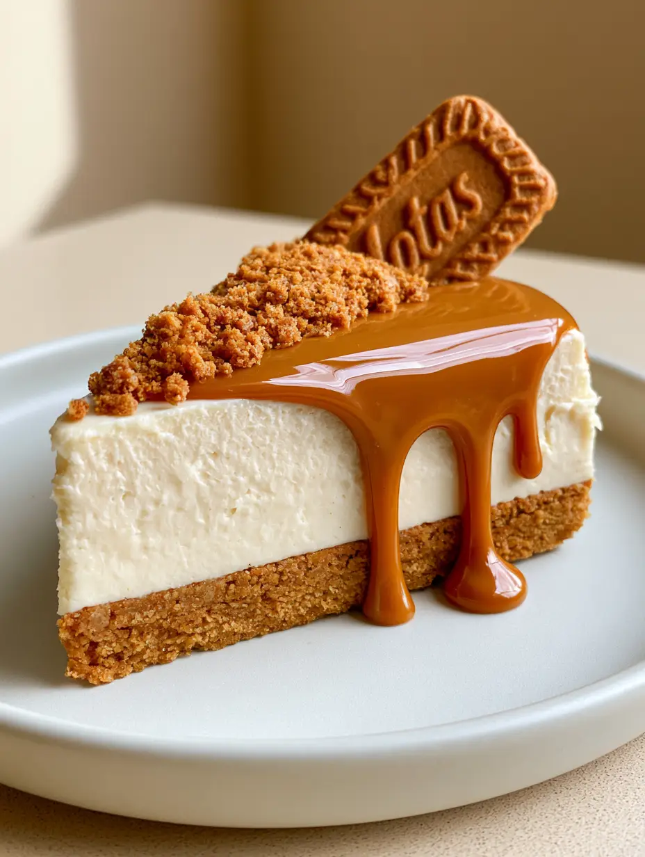Overhead view of a slice of No Bake Biscoff Cheesecake showing the pale ivory cream cheese layer and golden crust.
