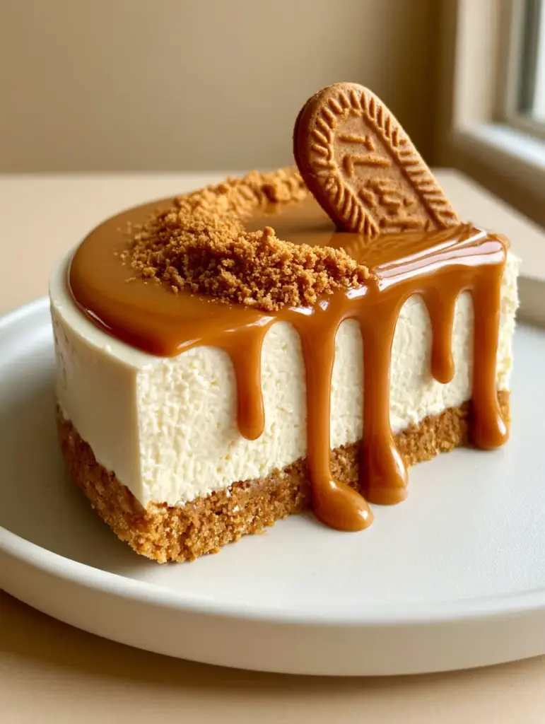 Close-up of the glossy warm amber Biscoff glaze and the crescent crumb garnish on a No Bake Biscoff Cheesecake.