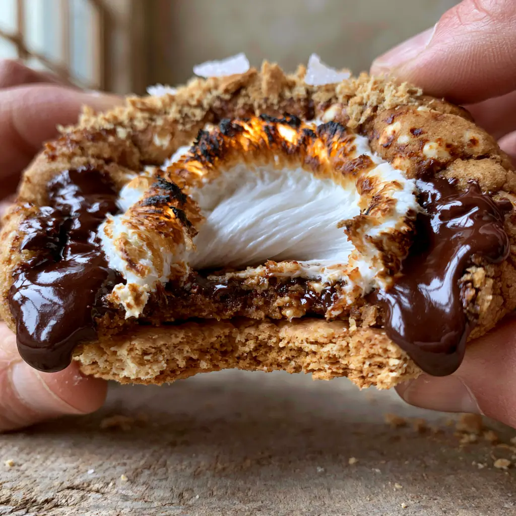 Close-up of toasted brown butter s'mores chocolate chip cookies with glossy chocolate puddles and sea salt garnish.