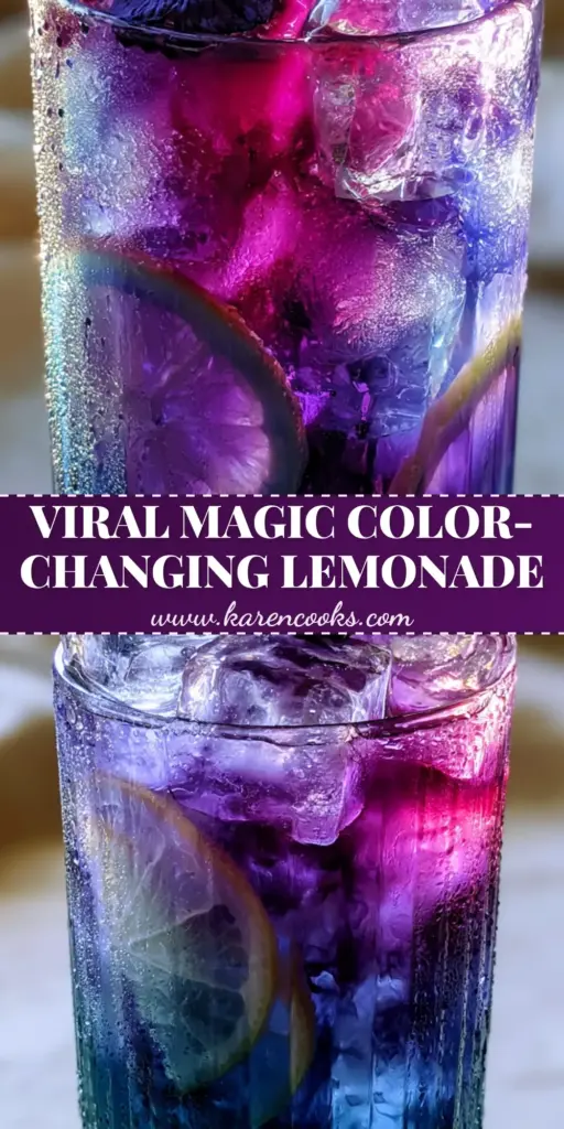 A tall ribbed glass filled with Butterfly Pea Lemonade showing a stunning indigo to magenta color gradient with clear ice and lemon slices.