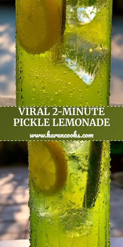 A tall ribbed glass of Pickle Lemonade with vibrant neon-yellow liquid, green brine swirls, and a crisp pickle spear on a stone coaster.