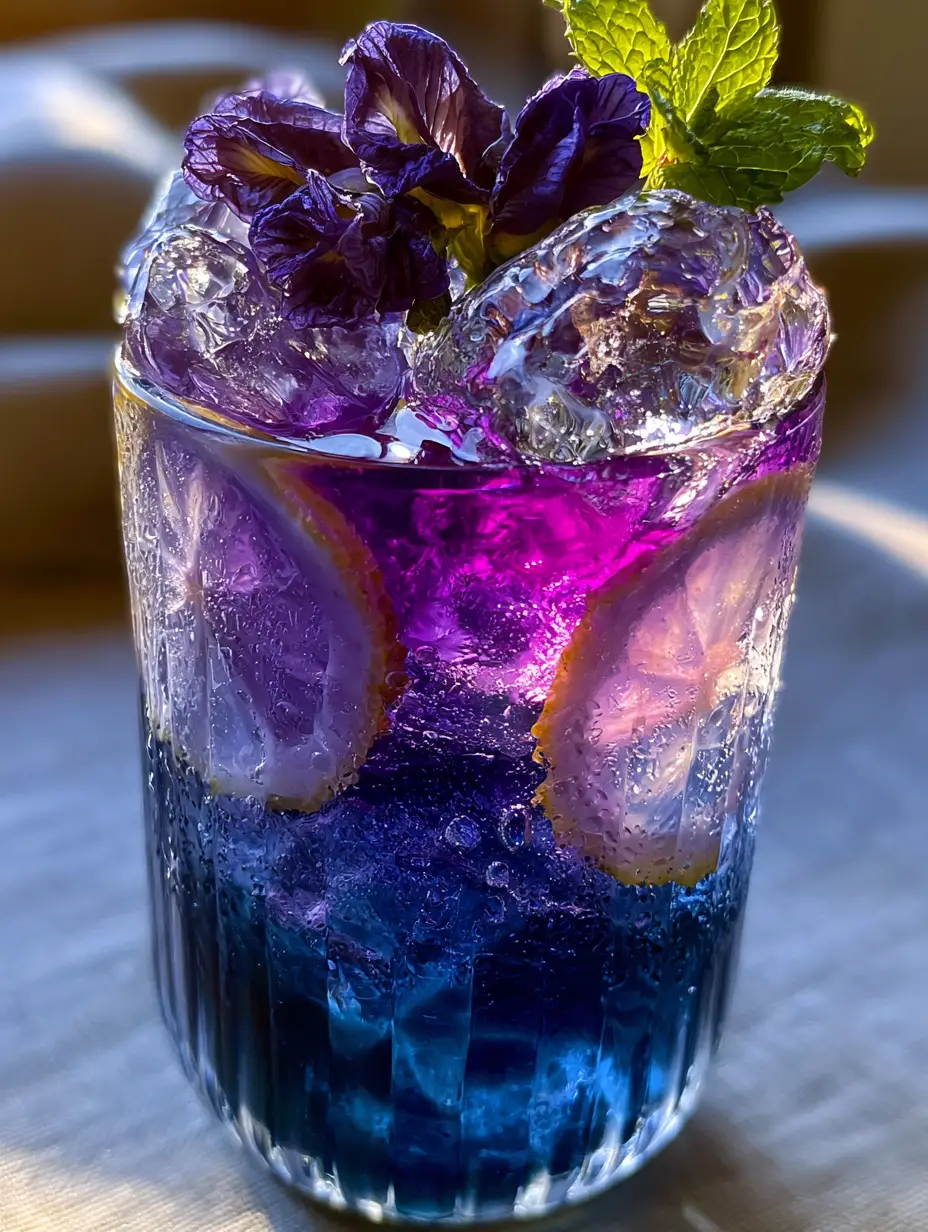 Macro shot of Butterfly Pea Lemonade in a ribbed glass with heavy condensation and a glowing magenta swirl.