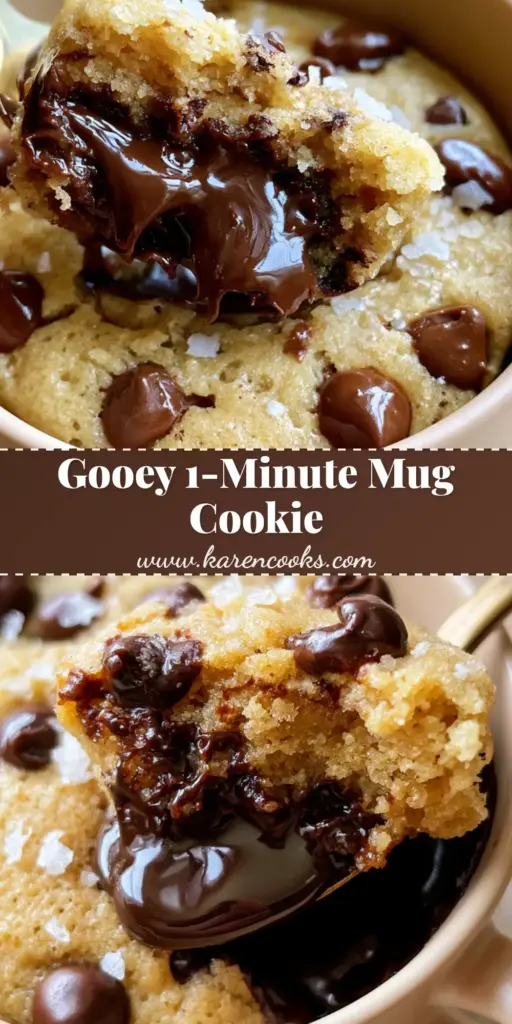 A close-up of a warm chocolate chip cookie in a mug with molten chocolate pools and flaky sea salt.