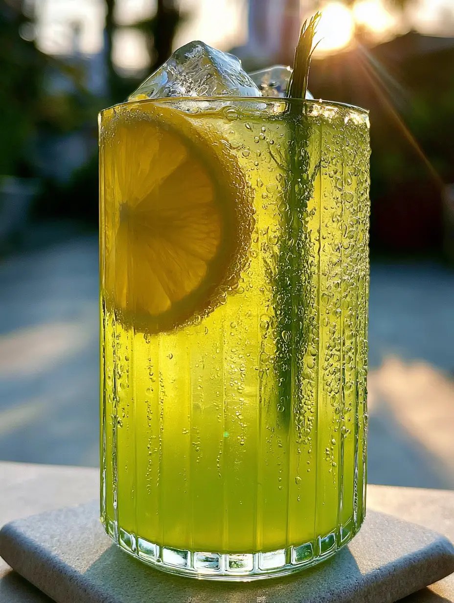 Extreme macro shot of Pickle Lemonade with heavy condensation, sparkling bubbles, and oversized clear ice cubes. (Pickle Lemonade)