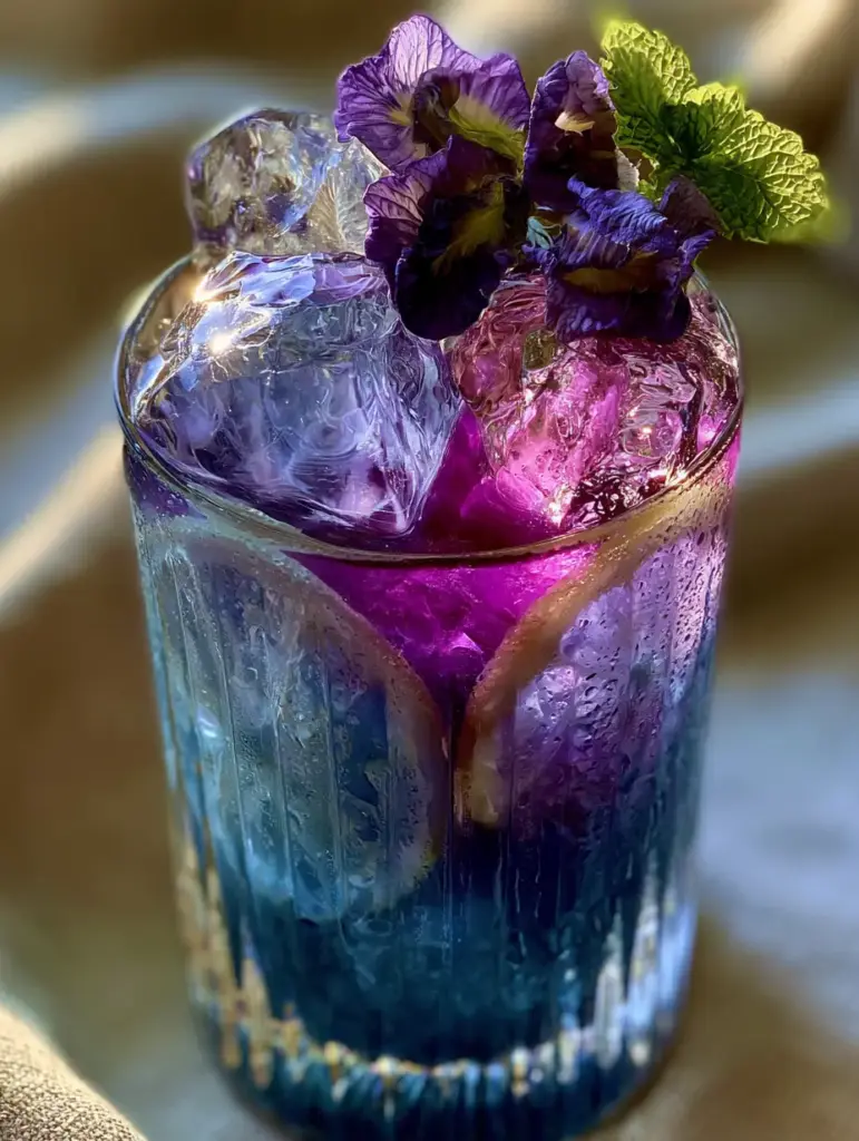 Top view garnish of dried butterfly pea flowers and mint on a Butterfly Pea Lemonade glass.
