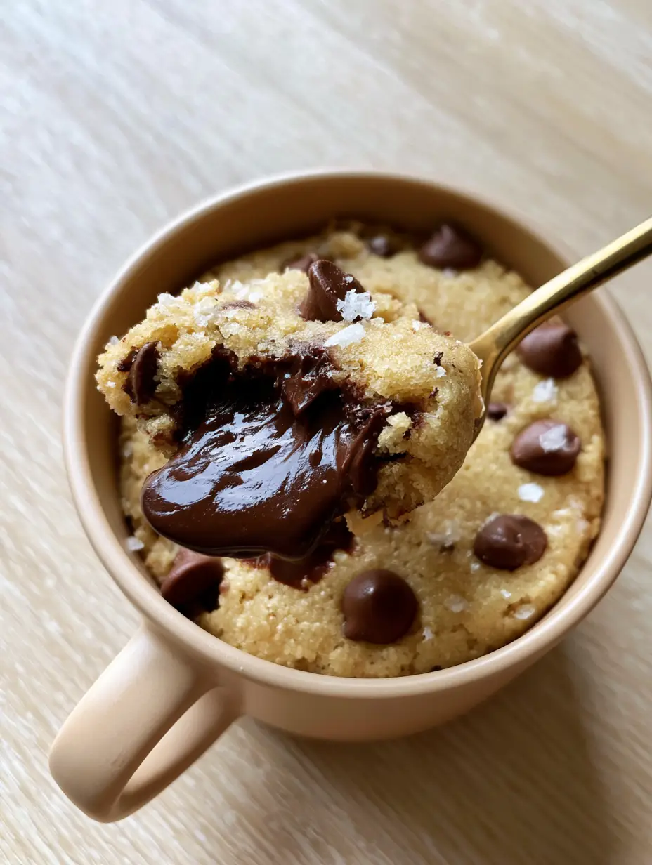 Top-down view of a soft, golden chocolate chip cookie in a minimalist beige ceramic mug.