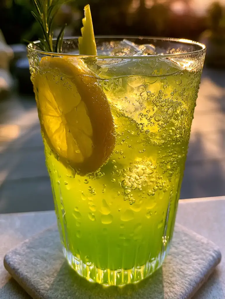 A modern ribbed glass on a stone coaster filled with glowing yellow Pickle Lemonade and translucent green brine swirls.