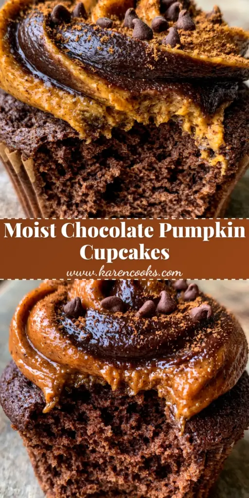 A handheld photo of a chocolate pumpkin cupcake with a bite taken out, showing the fluffy interior and swirled orange and brown frosting. (chocolate pumpkin cupcakes)