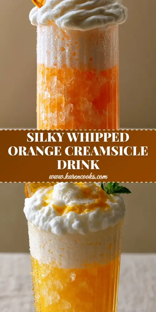 A tall ribbed glass featuring an Orange Creamsicle Drink with a bright orange base, crushed ice, and a thick mountain of vanilla foam, garnished with mint and a dehydrated orange wheel.