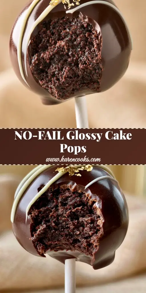 A gourmet chocolate cake pop with a bite taken out, showing the fudgy dark chocolate interior and high-gloss shell with gold leaf. (Chocolate cake pops)