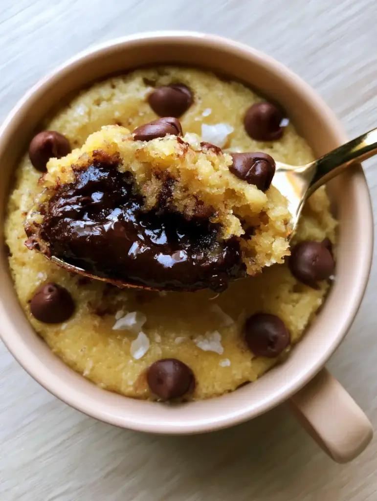 A spoon lifting a bite of chocolate chip cookie in a mug revealing a gooey molten center.