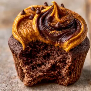 Close up of a moist chocolate pumpkin cupcake with a bite taken out and glossy orange-brown swirl frosting. (chocolate pumpkin cupcakes)