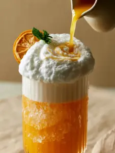 Close-up of an Orange Creamsicle Drink in a ribbed glass showing condensation droplets and a thick white foam layer.