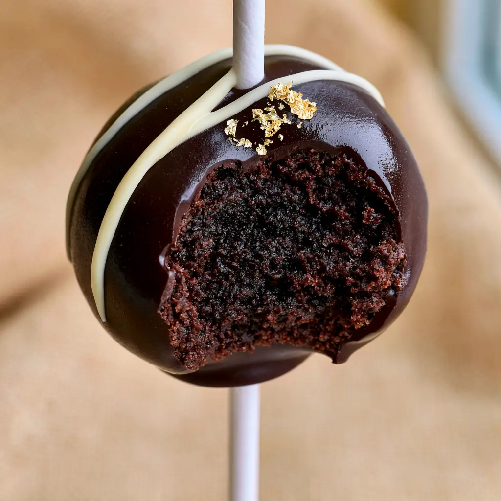 Gourmet chocolate cake pop with thin white chocolate drizzle and microscopic gold leaf flakes. (Chocolate cake pops)