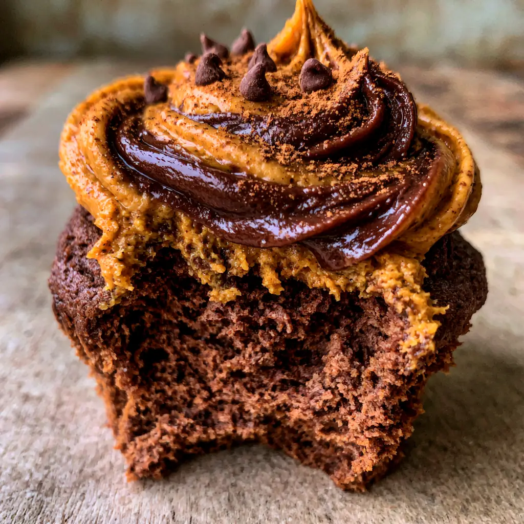 A single chocolate pumpkin cupcake on a rustic wooden surface with pumpkin spice dusting and chocolate chips.