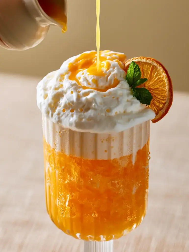 Side view of an Orange Creamsicle Drink on a beige linen background with warm morning sunlight.