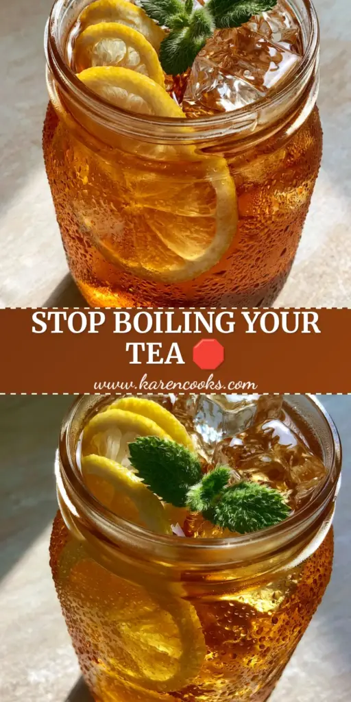 A large Mason jar of glowing amber cold-brew iced tea with oversized clear ice and lemon slices. (cold-brew iced tea)