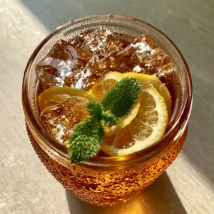 High-angle view of amber cold-brew iced tea in a glass jar with heavy condensation. (cold-brew iced tea)